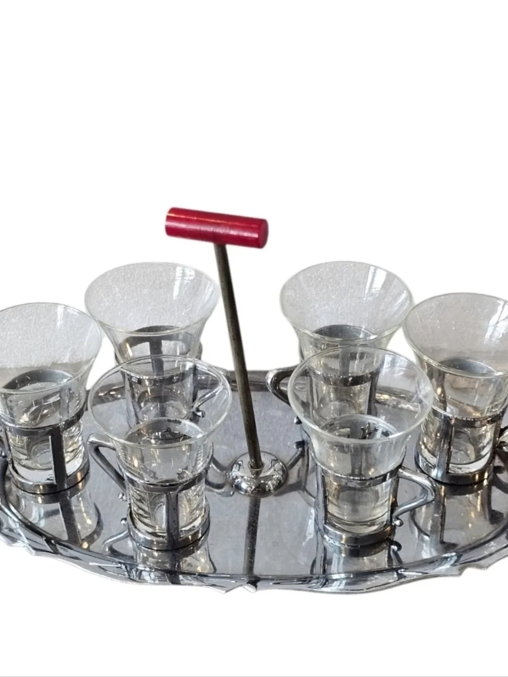 MCM Cordial Shot‎ Glass Set Silver Handles W Tray Osaka Japan 6 Pc Set 50s 60s